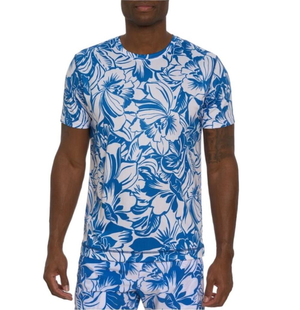 $138 NWT Robert Graham Beach Hibiscus Graphic T-Shirt Blue Crew Neck Cotton M